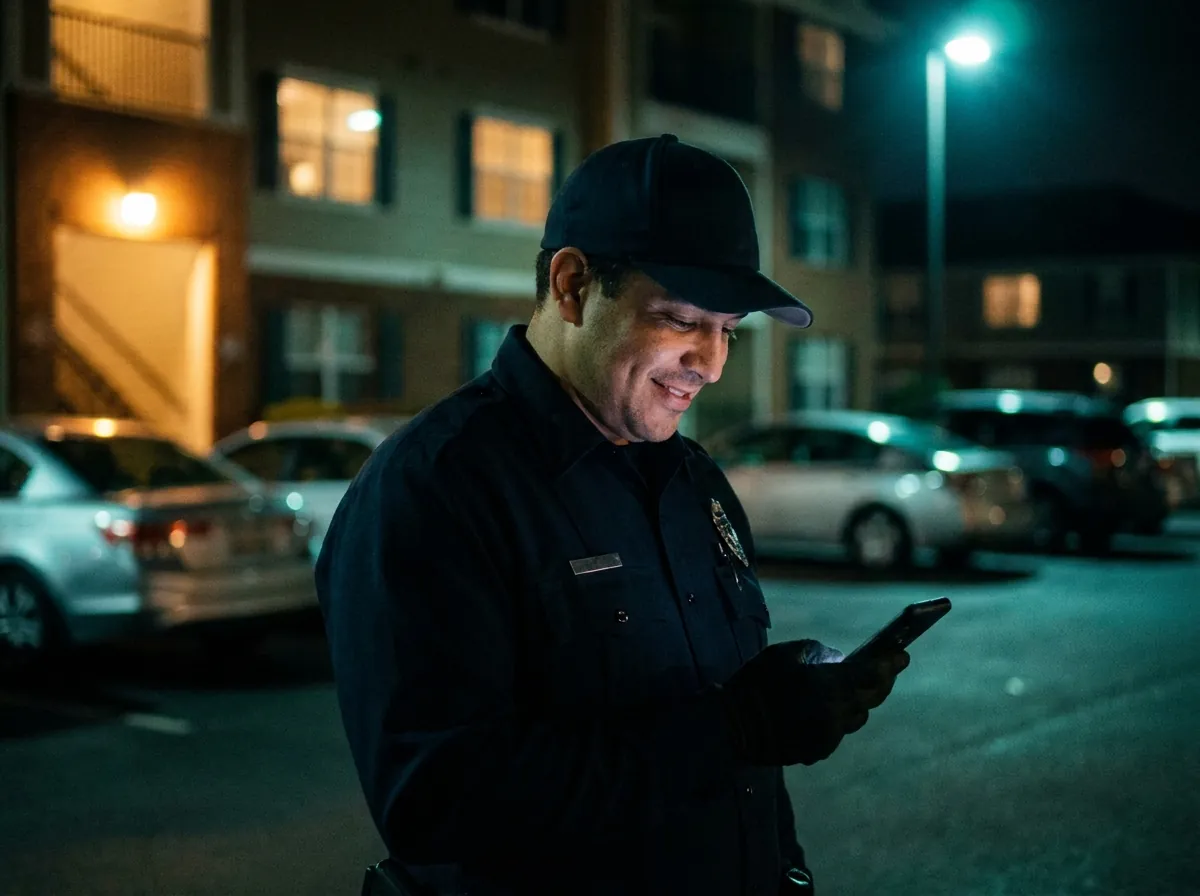 Patrol officer checking a car on a phone