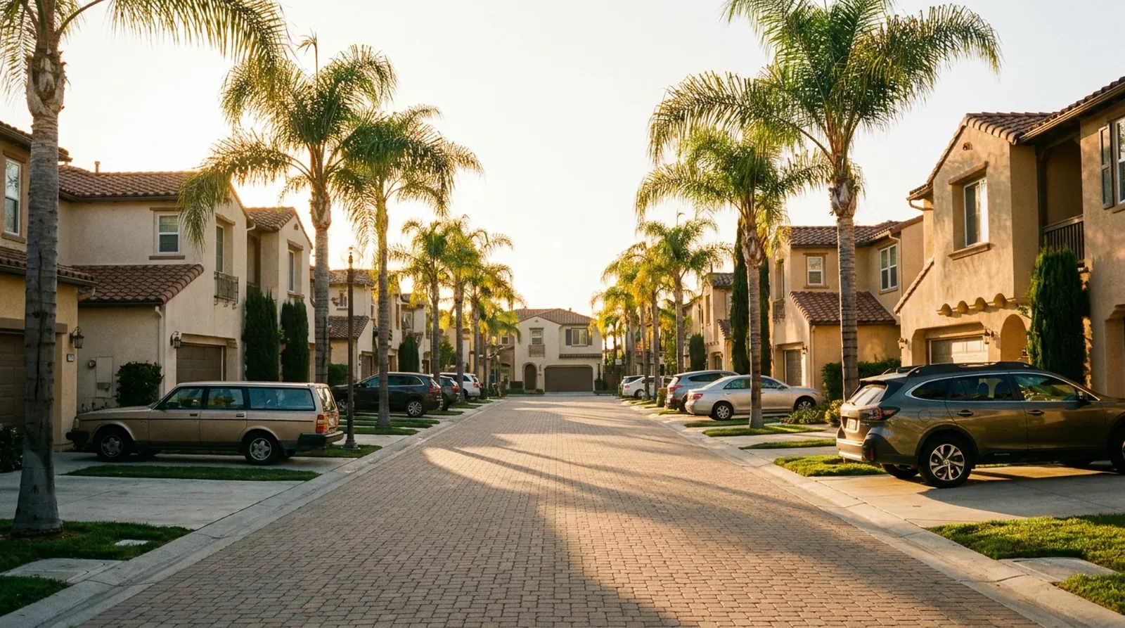 Townhome community street with guest parking at golden hour