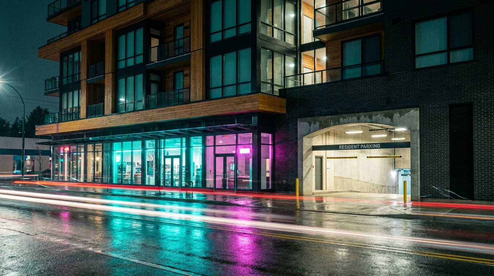 Apartment building with a resident parking entrance at night