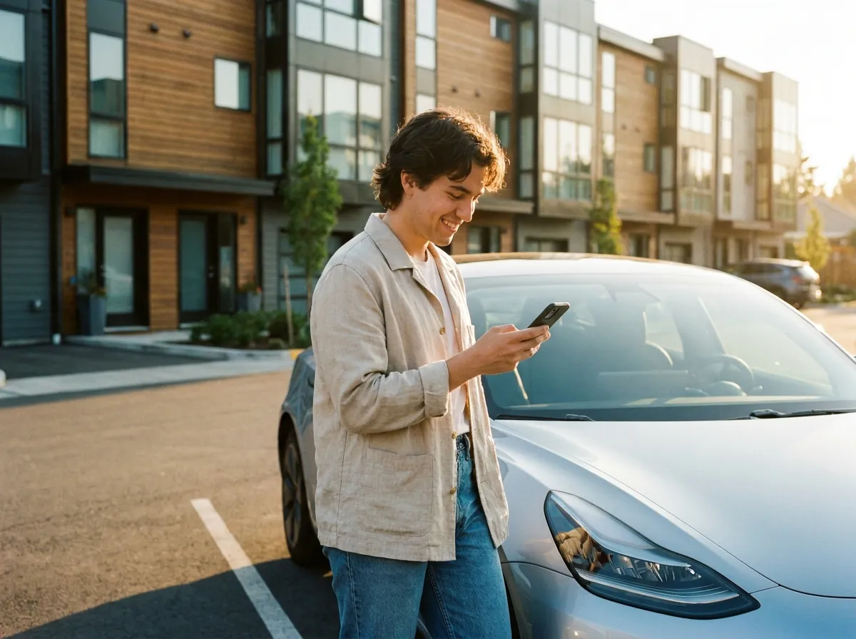 Resident using a phone beside their car